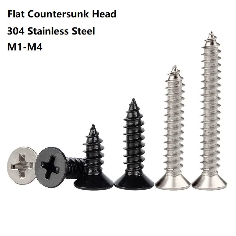 50Pcs/Pack M1 M2 M3 M4 Black 304 Stainless Steel Bolt Screw Phillips Flat Countersunk Cross Round Self-tapping Wood Screws