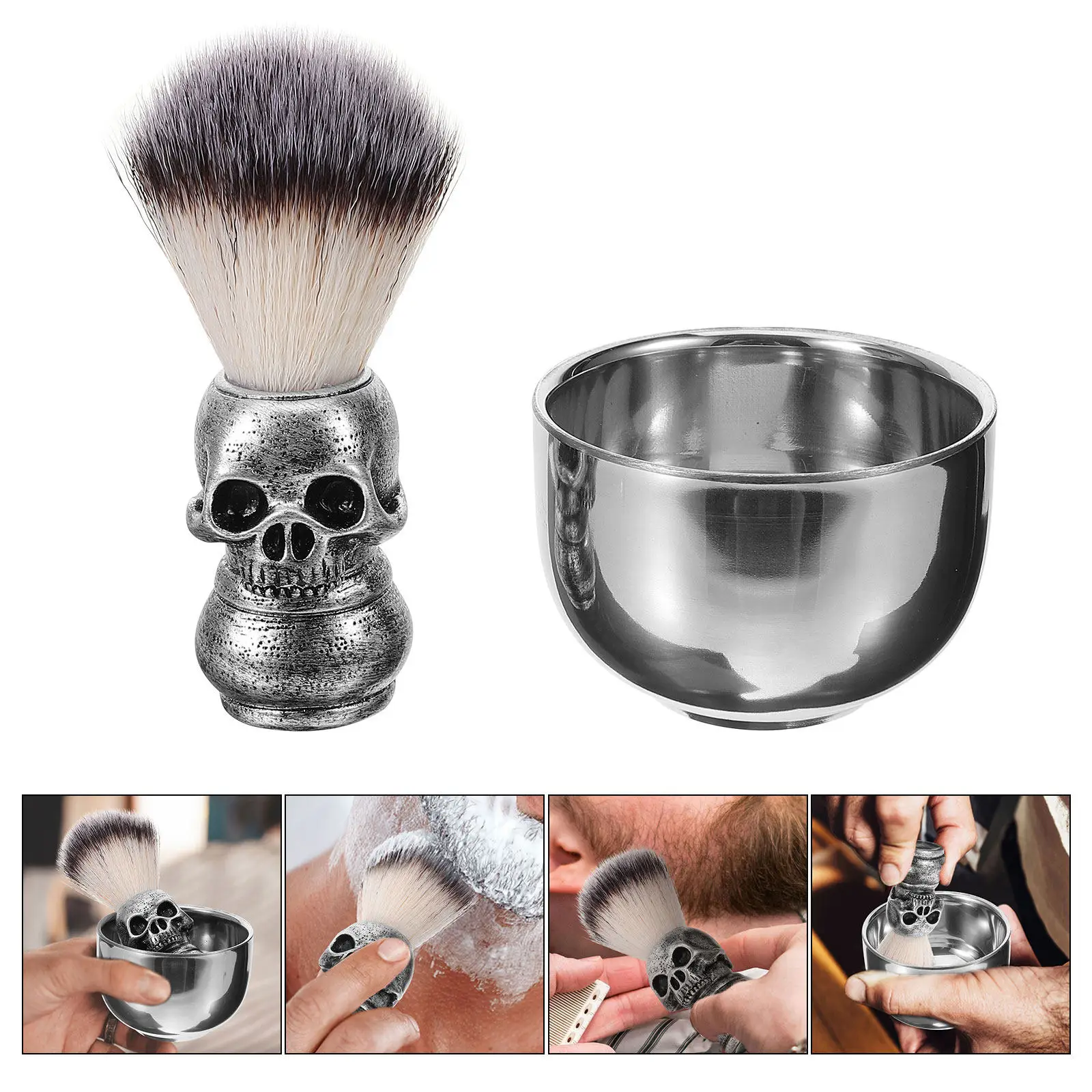 1Set Stainless Steel Shaving Brush and Bowl Set Fiber Bristles Ergonomic Handle for Men Barber Salon Home Shaving Supplies