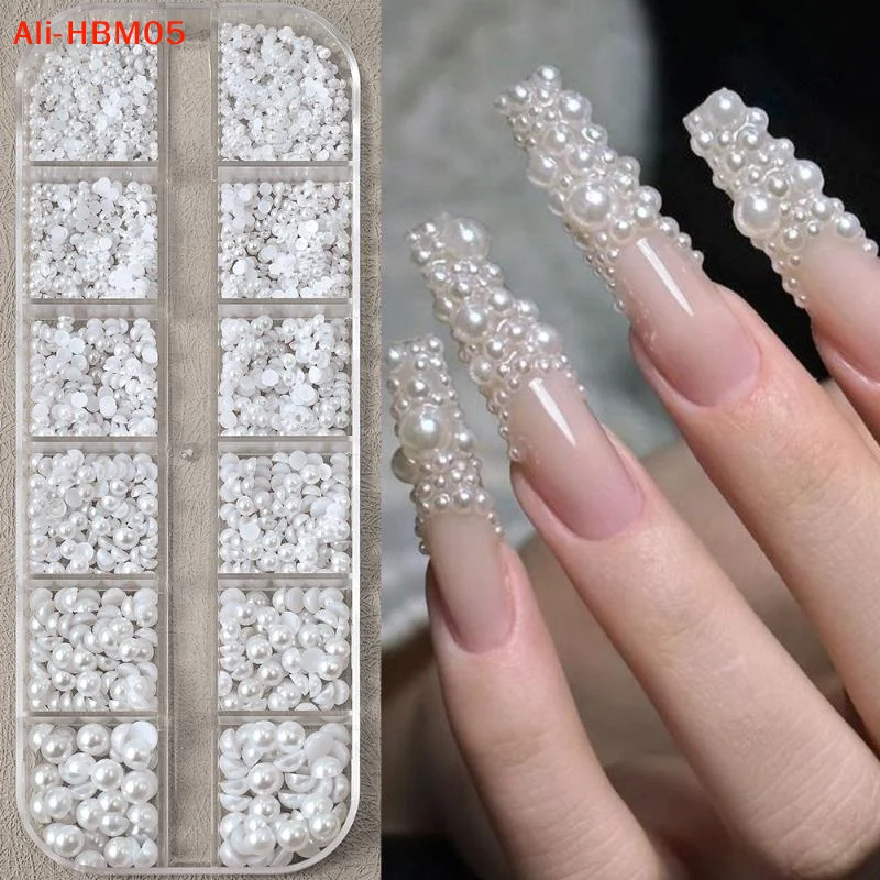 (HB05) 12 Grid Mixed Flat Bottomed Pearl Half Round Rhinestones 3D Nail Decoration Nail Jewelry Nail Charm Manicure Art