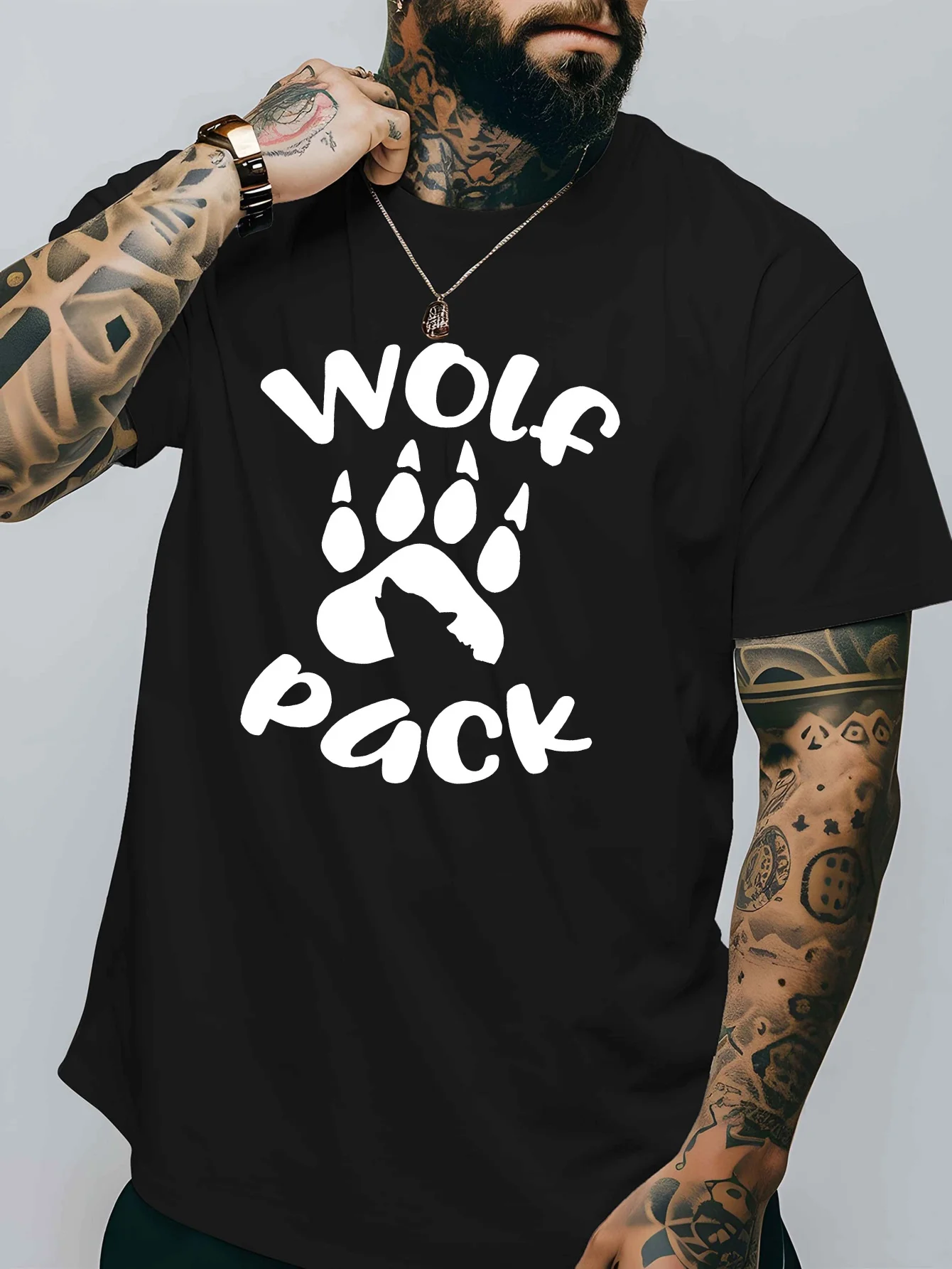 Wolf Pack Paw Silhouette Graphic Mens Crew Neck T Shirt Wild Animal Letter Print Short Sleeve Casual Cotton Daily Summer Tops