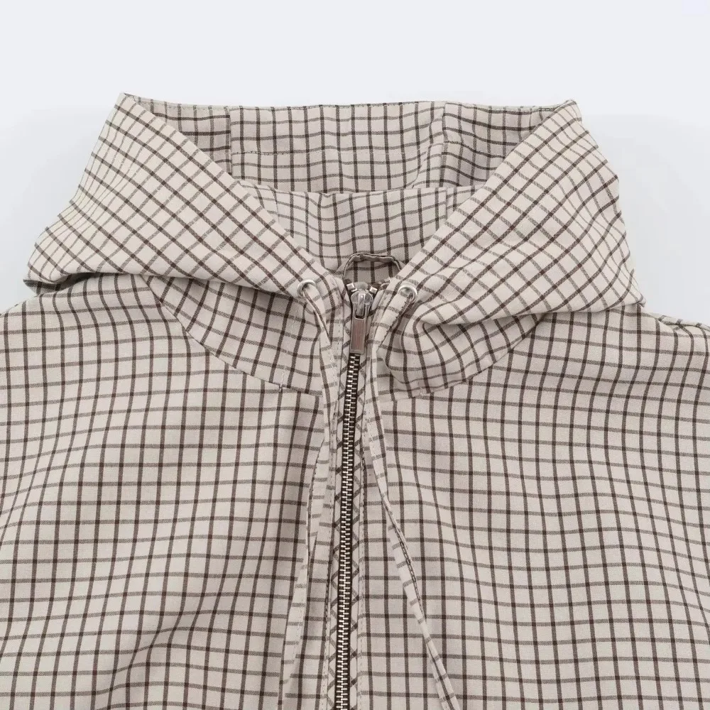 Damen Casual Trendige Frühling Herbst Karierte Jacke mit Kapuze und Reißverschluss-Taschen, Modische High-Street Coole Outfit-Jacke für Frauen – Detail 13