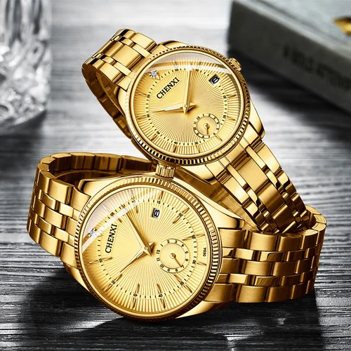 Imagen 2 del producto CHENXI, reloj informal de marca de lujo para parejas, reloj de cuarzo dorado de acero inoxidable para hombres y mujeres, reloj de pulsera luminoso resistente al agua