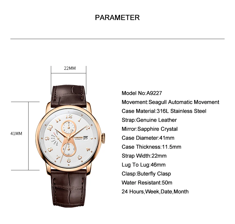 LOBINNI Men Automatic Watch 41mm Luxury Mechanical Wristwatch Luminous 5ATM Waterproof Sapphire Butterfly Clasp Multi-Func Dial