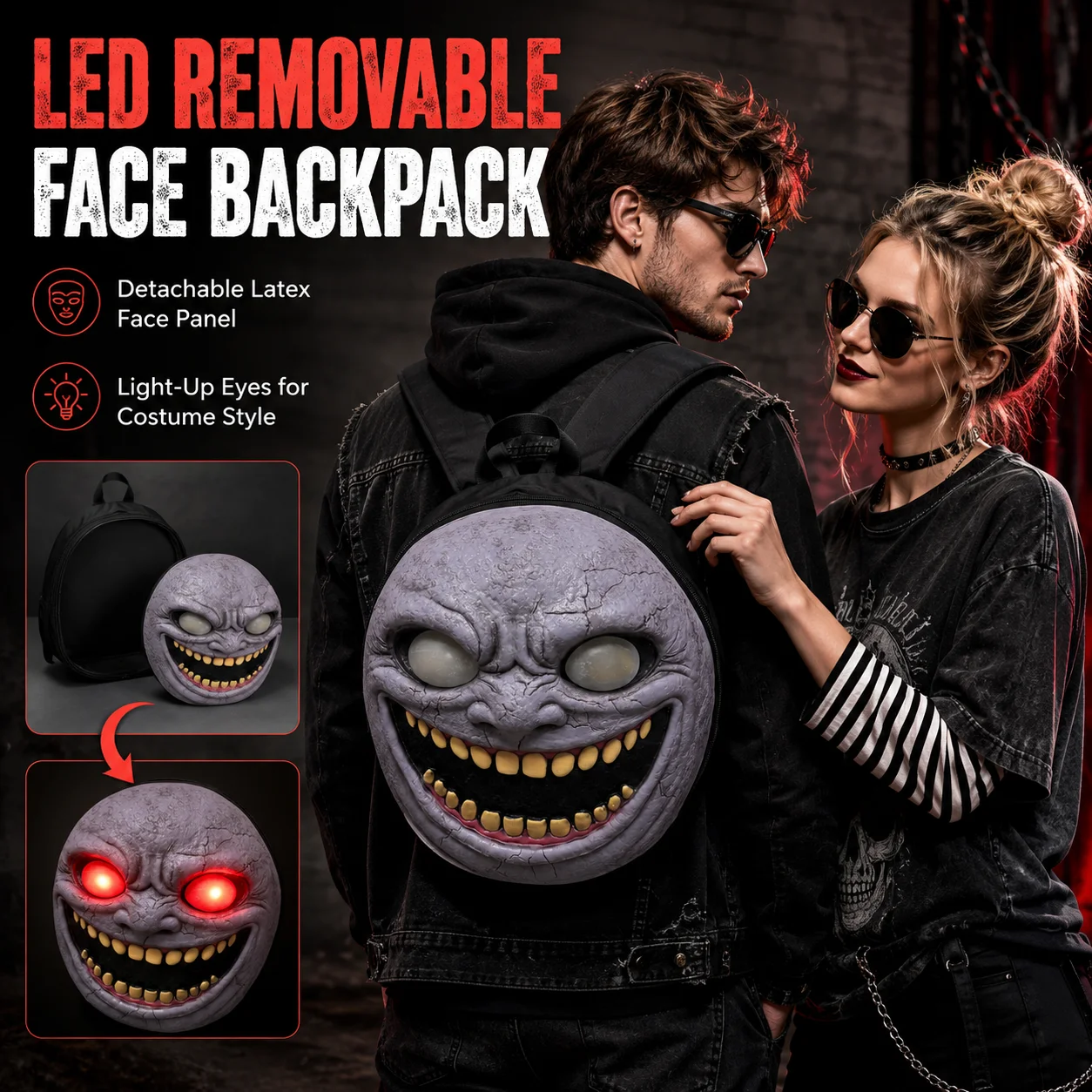 Mochila divertida con luz LED de cara malvada, bolso de cosplay de demonio de terror para fiesta de Halloween, mochila luminosa con sonrisa.