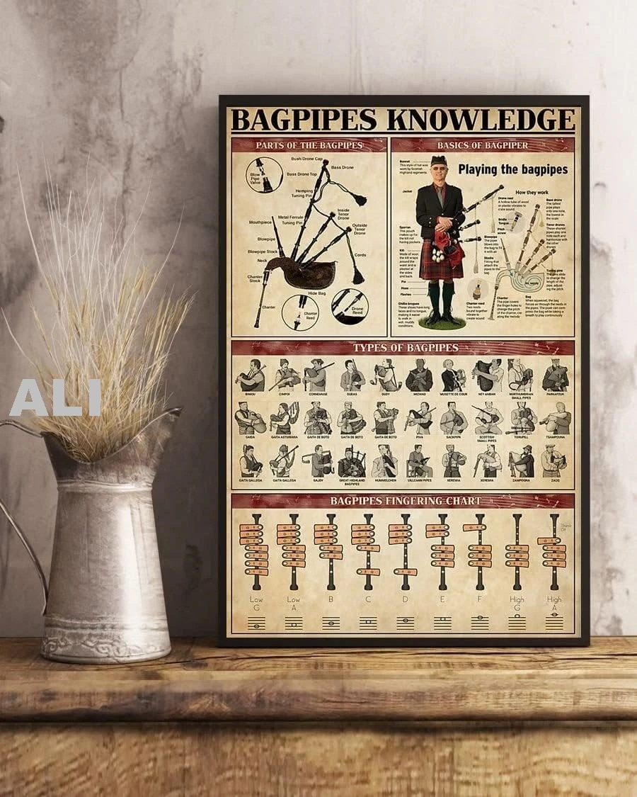 Retro Metal Tin Sign 8 X 12 Inches Bagpipes Knowledge Scottish Instrument Vintage Poster Types of Bagpipes Poster Instrument  PP