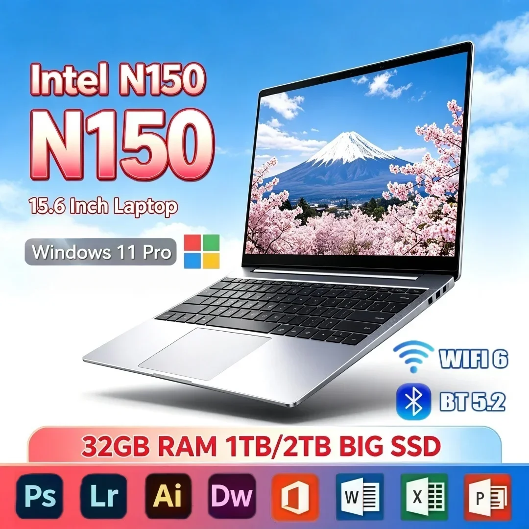 15.6 Inch Ultra Slim Laptop Intel N150 Windows11 Office Study Notebook 16/32GB RAM 1TB/2TB Big SSD Portable