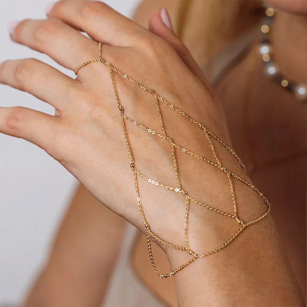 Mesh Hand Chain for Women Metal Bead Slave Bracelet Sparkly Elegant Chic Glam Minimalist Party Jewelry Present Box Packaging