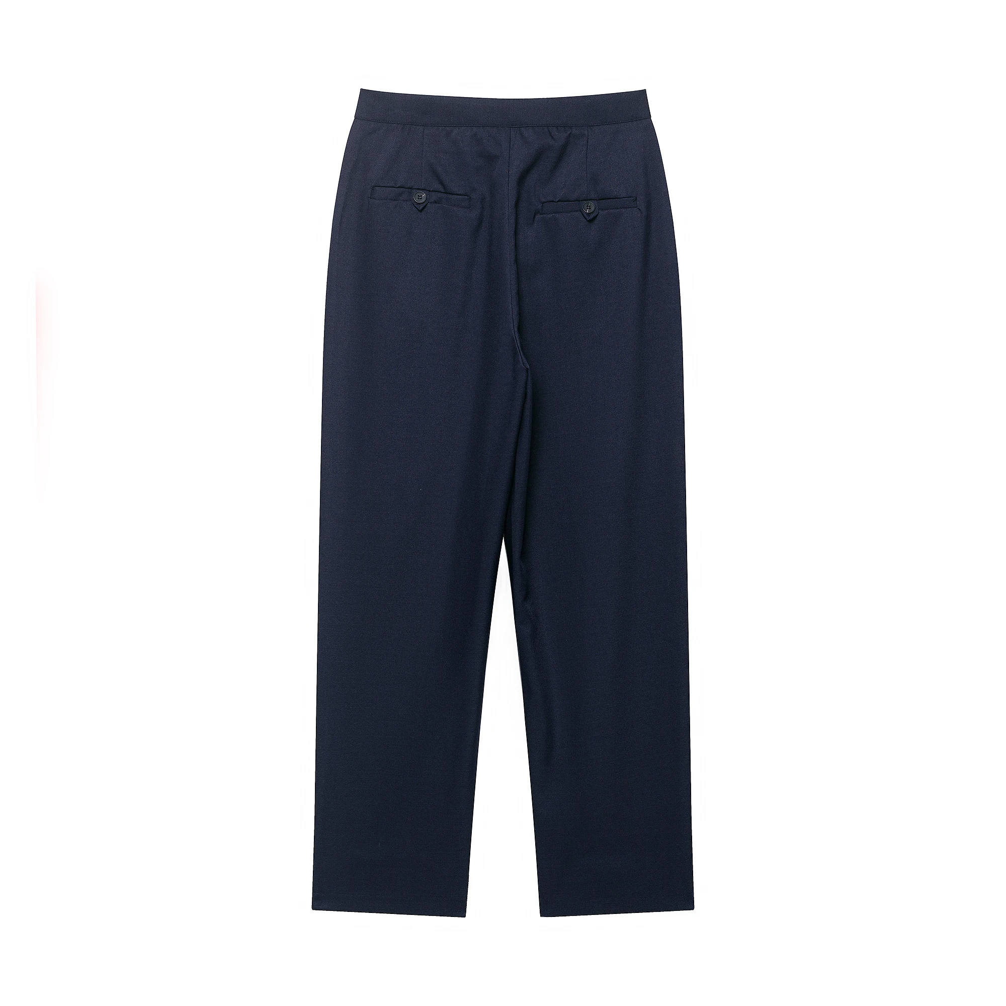 DUOPERI Women Fashion Navy Blue Front Zipper Straight Pants Casual High Waist Full Length Female Elegant Chic Lady Trousers