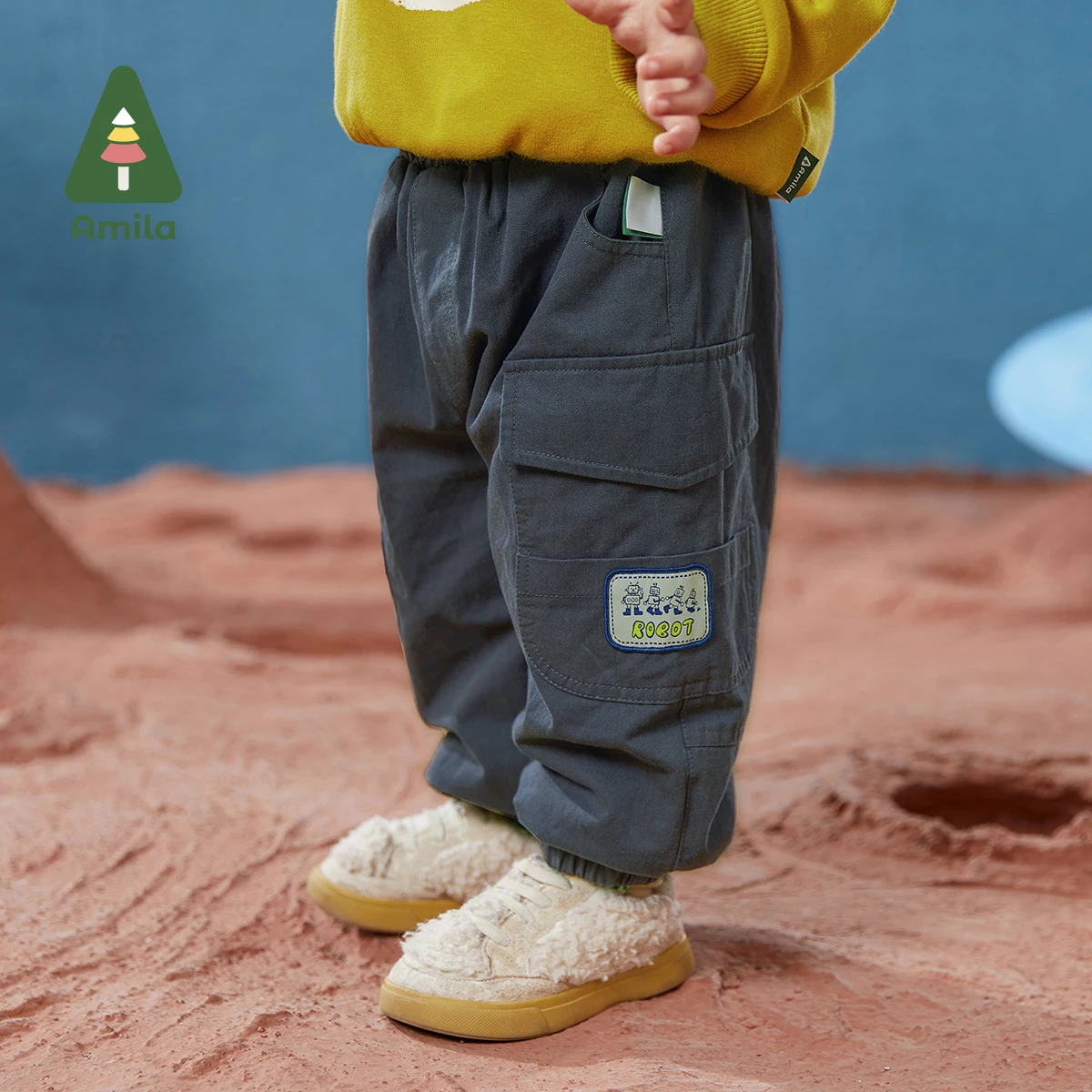 Amila Baby Boy 2024 Winter New Fashion Solid Color Multi-Pocket Work Pants Kids\' Warm Underwear