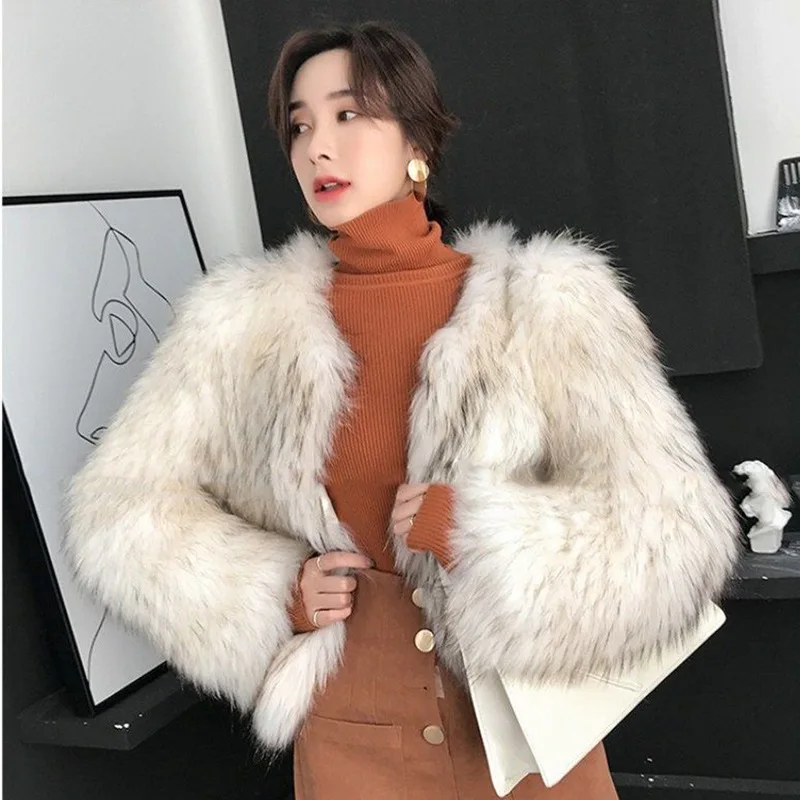 Women's fur coat female imitation raccoon hair fox hair short round neck thin fall and winter fashion young fur coat comfortable