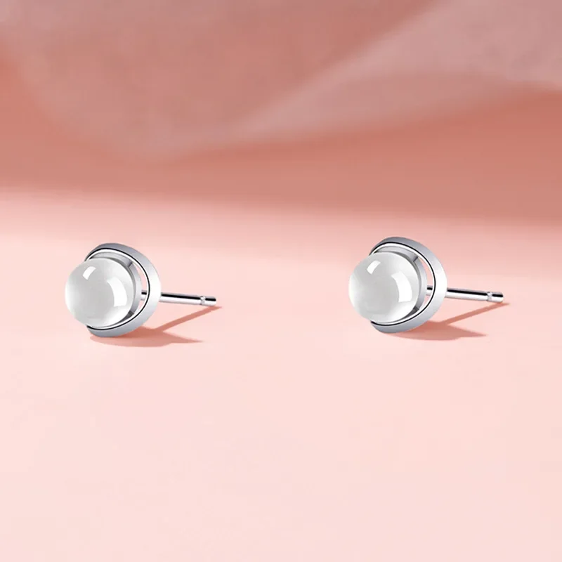 Geometry Sterling Silver Hollowed-out White Round Crystal Stud Earrings for Woman Designer Jewelry Accessories Gifts Colorfast