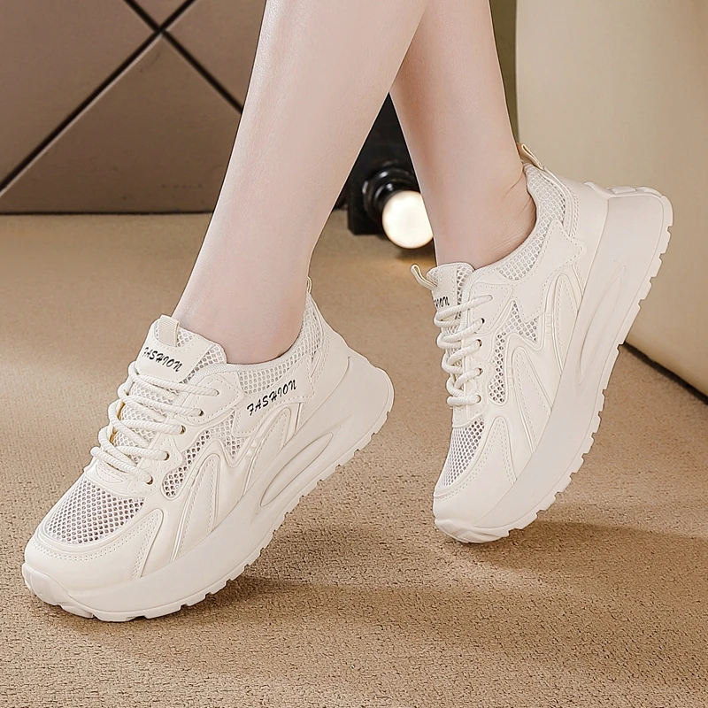 Size35-42 Women's Breathable Mesh Chunky Platform Sneakers | Retro Low-Profile Running Style, Wide Fit Casual Walking Shoes