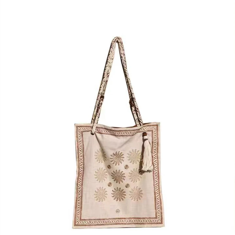 Designer Style Bohemian Linen Bag With Braided Handle Ethnic Floral Embroidered Tote Bag Women Crossbody Shopper Bag With Tassel view 6