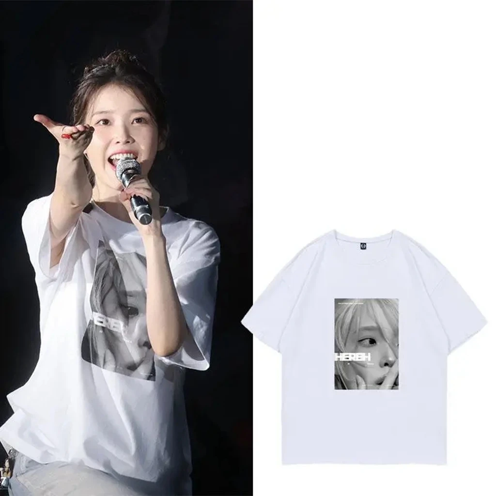 Kpop Y2K IU HEREH PHOTO Cotton O-neck T-shirt Girls Boy Lovers Summer Bat Sleeve T-shirt Harajuku 90S Oversize Top