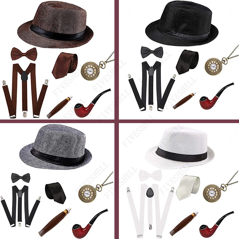 

Retro Party Cosplay 1920S Mens Great Gatsby Accessories Set Roaring Gangster20s 30s Costume Set Pipe Vintage Pocket Watch Cigar