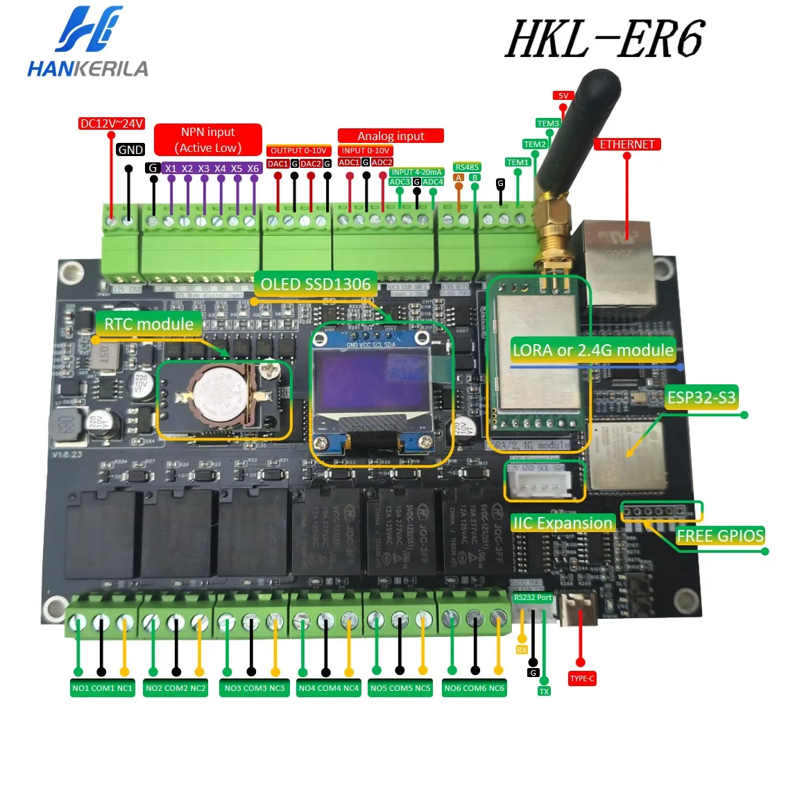 HKL-ER6-S3 Industrial Control Board with LORA RS485 RS232 RTC OLED and 0-10V/4-20mA analog input  0-10V output IIC Expansion