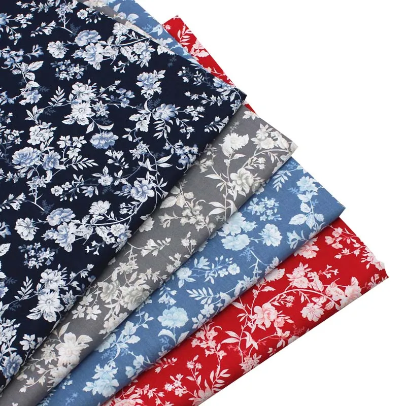 40S 100% Cotton Poplin Thin Fabric Navy Blue Red Gray White Flowers Floral For Summer Girl Dress Shirt Quilt Blouse Craft Tissue