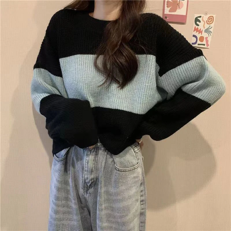 Fall Winter Striped Print Women Long Sleeve O Neck Sweater Korean Fashion Harajuku Vintage Knitted Oversized Pullovers Crop Tops