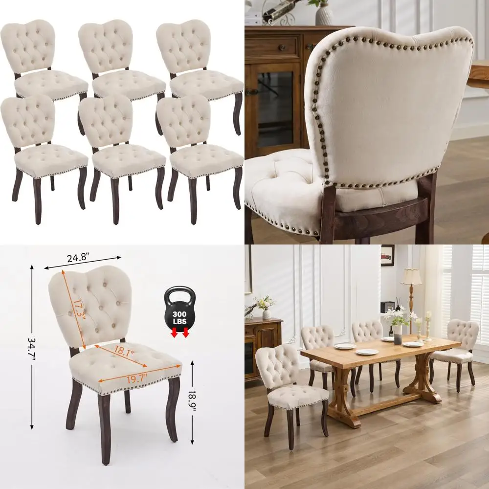 

Набор из 6 винтажных бежевых бархатных обеденных стульев с ножками из массива дерева для кухни и столовой