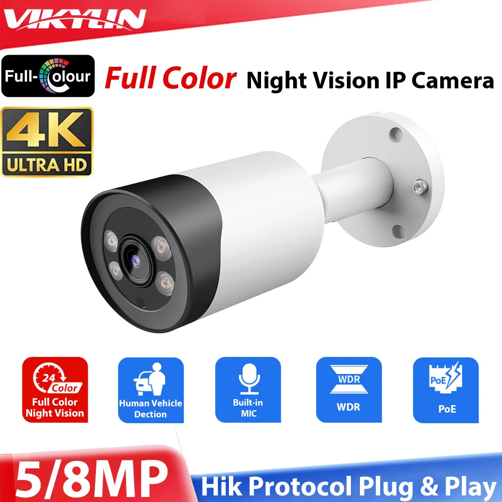 Vikylin 4K IP CAMERA Full COLOR NIGHT For Hikvision Compatible 4K 8MP 5MP Bullet Cam Human Vehicle Detect Security PoE with Mic