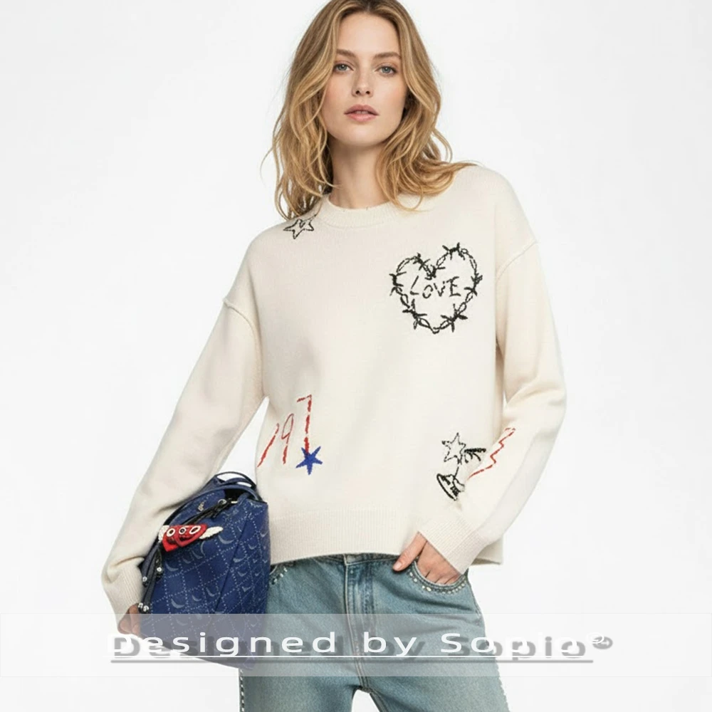 

Handmade Heart Embroidery Cashmere Knitted Sweater Women Winter Spring O-Neck Long Sleeve Fashion Sweaters Casual Pullover Tops