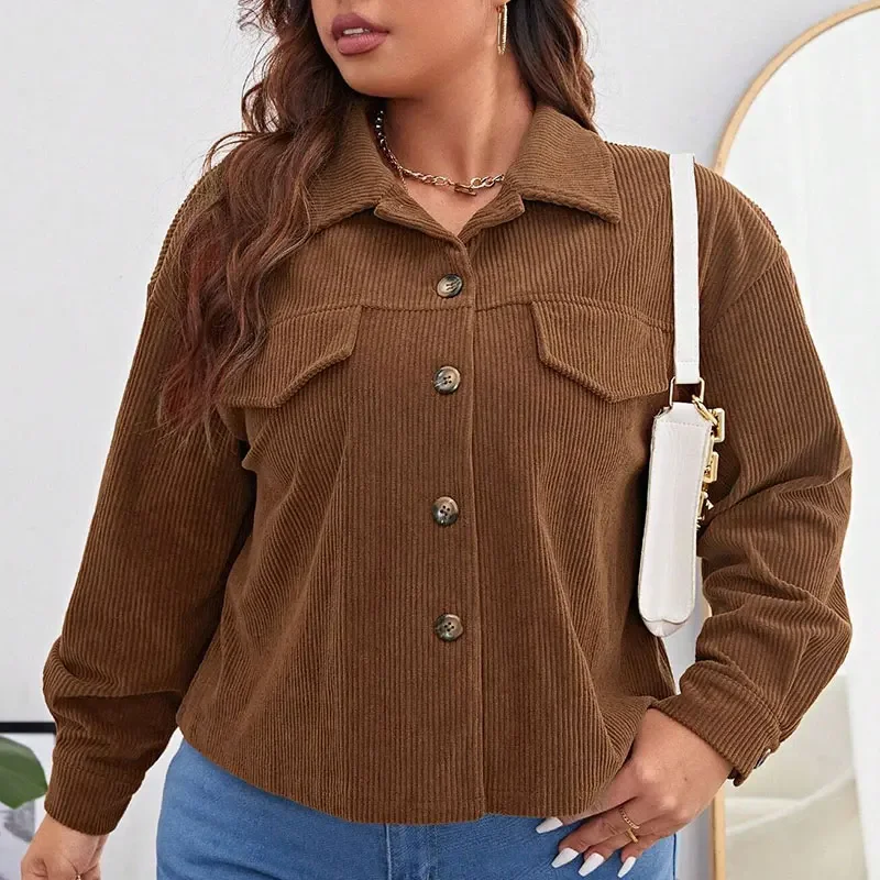 Plus Size Turn Down Collar Corduroy Bomber Jackets Women Casual Loose Short Velvet Coats Autumn Brown Long Sleeve Outwear