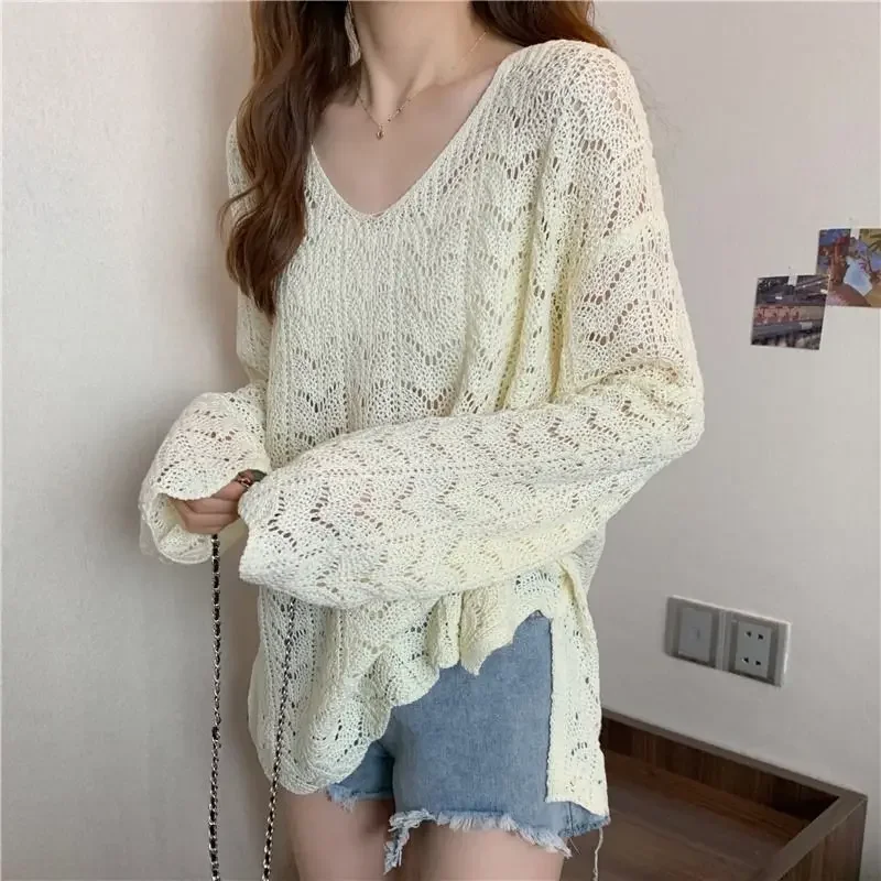 

Женские свитера с v-образным вырезом и солнцезащитным кремом, тонкие полые весенне-летние свободные пуловеры для женщин, корейские модные повседневные пуловеры