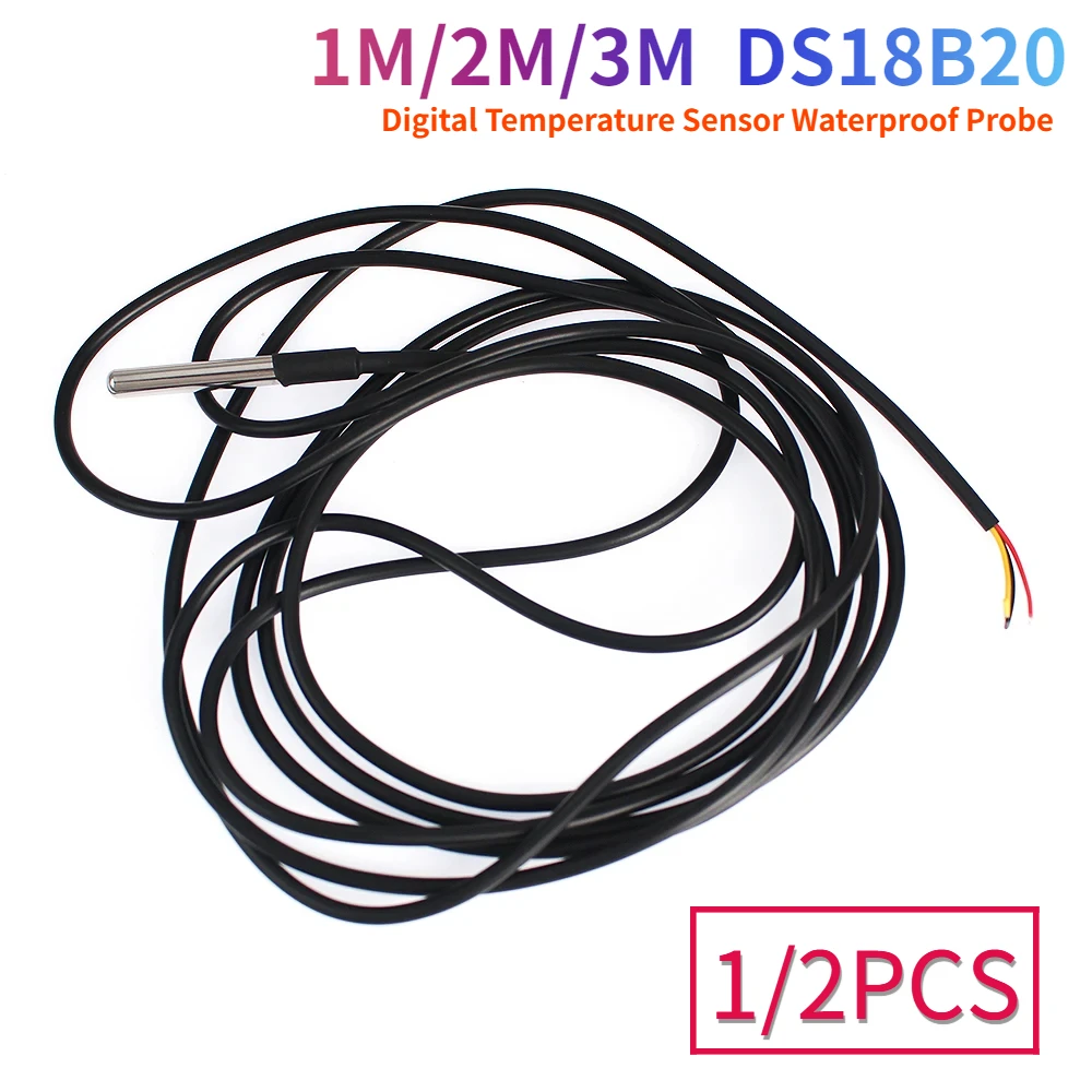 1/2pcs DS18B20 Temperature Probe Temperature Sensor 1M/2M/3M Waterproof DS 18b20 Stainless Steel Package 18B20 100cm/200cm/300cm