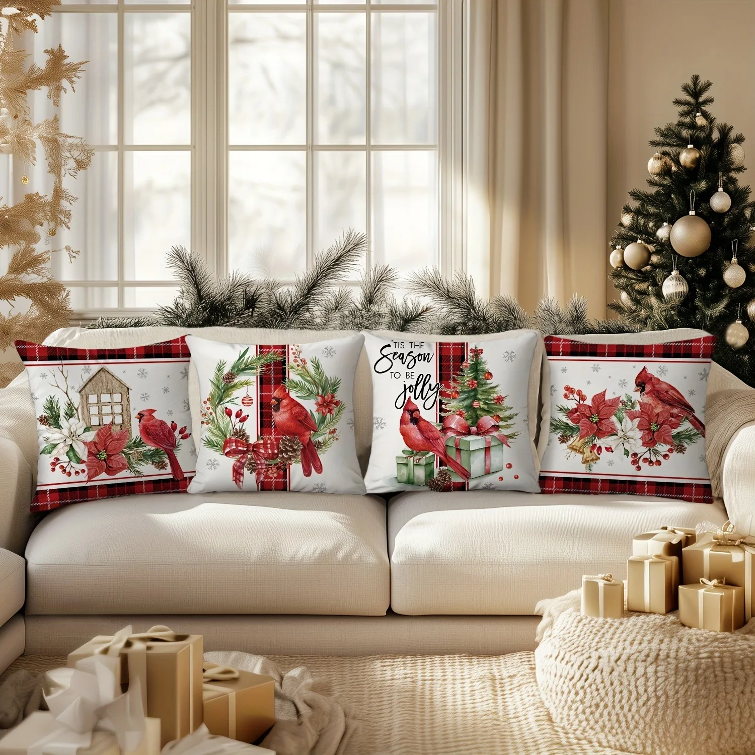 Four-Piece Holiday Throw Pillow Set Featuring Festive Cardinals, Winter Greens, and Cozy Christmas Scenes