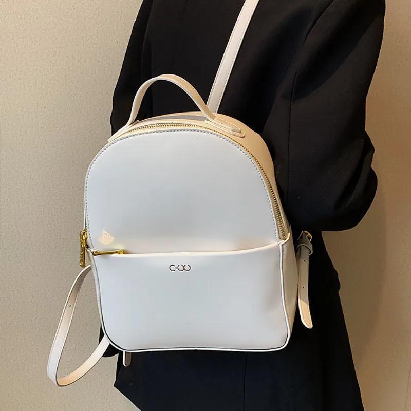 Fashion Extreme Simplicity Large Capacity Schoolbag Solid Color New Classic Vintage Backpack High-Grade Sense PU Leather Pack