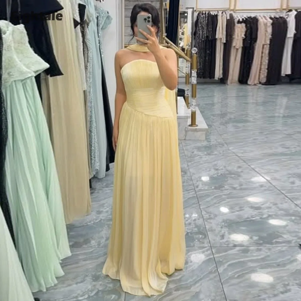 Eightale Arabic Evening Dress Floor Length Strapless Customized Pleats Elegant Prom Yellow Wedding Party Gown