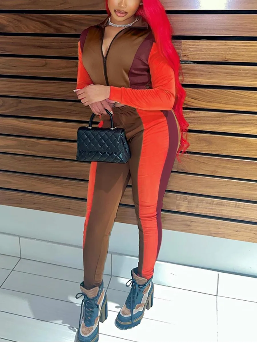 

LW Striped Patchwork Zipper Design Pants Set Fall Women's Clothing Casual Sets Long Sleeve Mandarin Collar Two Piece Outfit