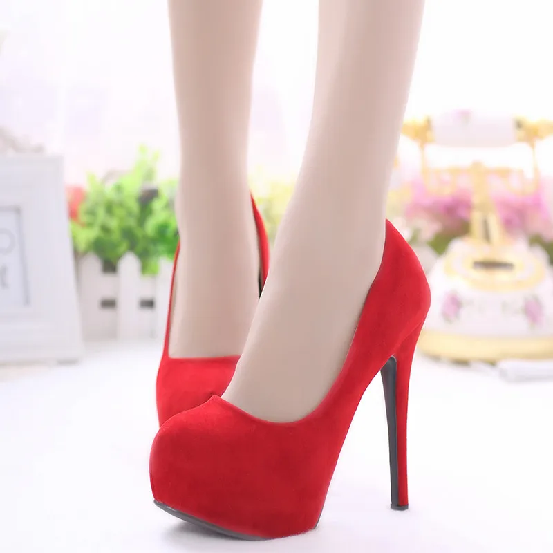 New High Heel Pumps Flock Sexy Model Fashion Black Red Show Casual Party Sexy High Quality Women Shoes One shoe with round toe