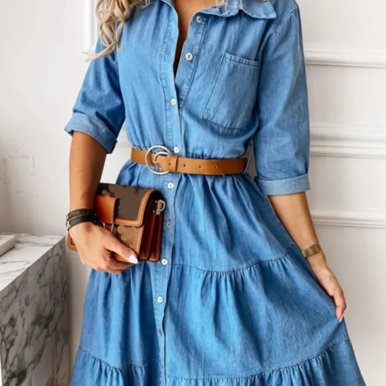 

Women Dresses Single Breasted Button Long Sleeve Dress Patchwork Turn Down Collar Print Floral Pockets Flounced Edge 2023