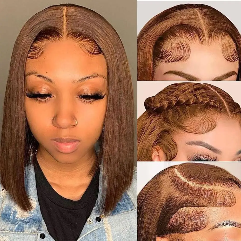 8-14 Short Inch Chocolate Brown Bob Straight Human Hair Wig 200 Density Preplucked Prebleached #4 Colored 13x4 HD Lace Front Wig