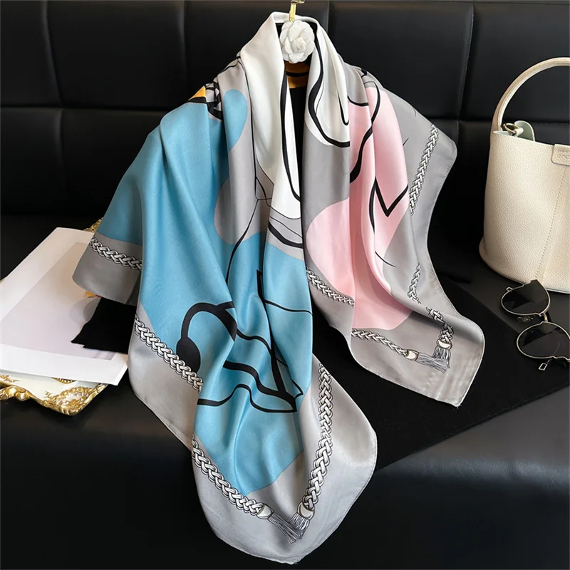 New Simple Printed Silk Scarf 90cm Twill Scarf Women Korean Style Large Square Scarf Sunscreen Shawl Headscarf Female Luxury