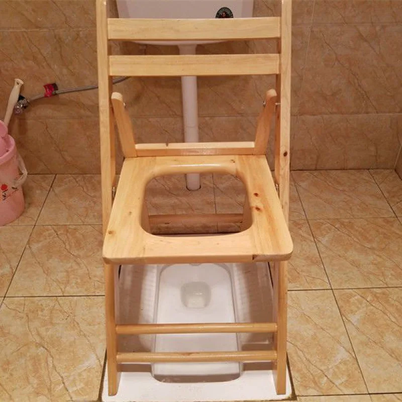 Wooden Commode Chair Portable Toilet Seat Adjustable Height Bedside Potty Solid Wood Frame for Elderly Home Use