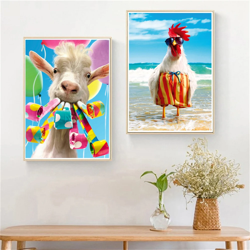 Canvas Prints Orangutan Driving Car Painting Travel Alpaca Chicken Wall Art Poster Picture for Kids Bedroom Home Decor Cuadros