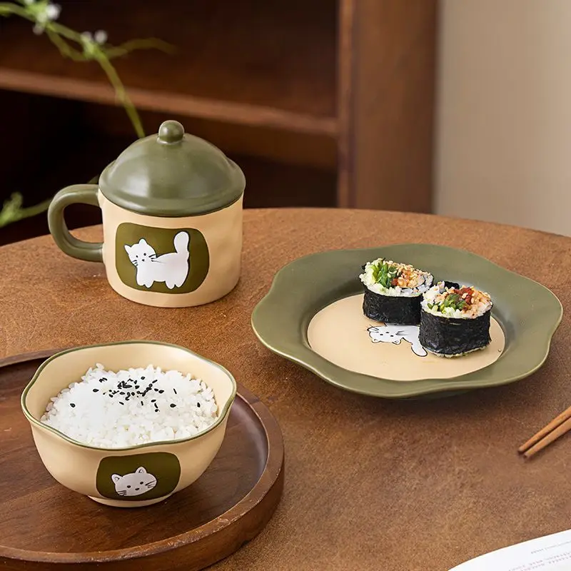 Cute Cat Exquisite Tableware Set Ceramic Three Piece Set Plate One Person Eating Ritual Tableware Set Household Mug