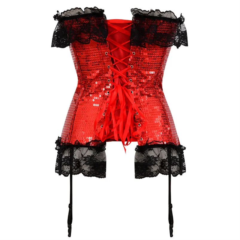 Gothic Red Corset for Women Sexy Lace Corset with Garters Vintage Lace Up Corset Top Sequin Sliver Bustier Overbust