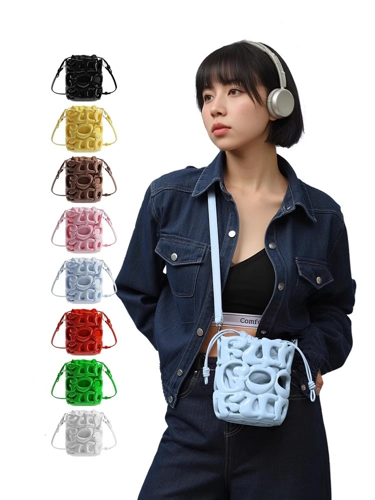 Fungoofun 3D Integrated Letter Hollow Shoulder Bag Niche Lightweight EVA Crossbody Bag Women's Candy Color Bucket Bag Beach Bag