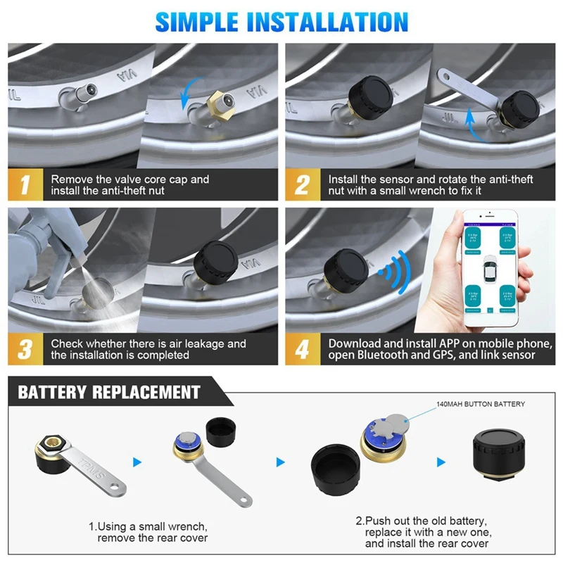 Car TPMS Tire Pressure Monitoring System Bluetooth 5.0 As Shown Plastic+Metal Car Tyre Pressure Sensor For LOS Android