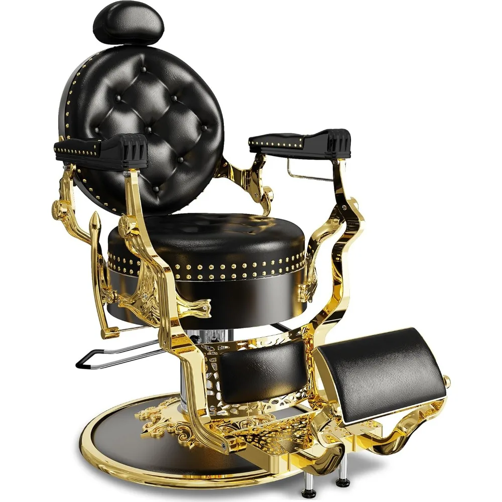 كرسي حلاقة كلاسيكي قديم باللونين الأسود والذهبي، كرسي حلاق مستلق عالي التحمل، كرسي صالون عتيق بتصميم برشام رائع #1