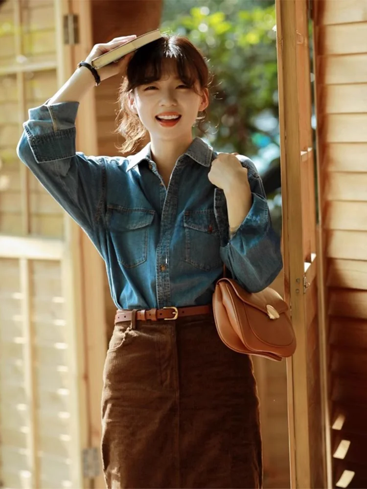 

Fashionable ROUJE KEFSS2024 Spring Collection Denim Shirt And Skirt Set Two-Piece Set Long Sleeve for All Body Types