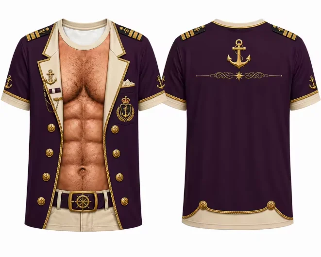 Fun Men Nautical Theme T‑Shirt, Captain Jacket Muscle Optical Illusion Tee, 3D Print Sailor Shirt, Unique Gift For Him