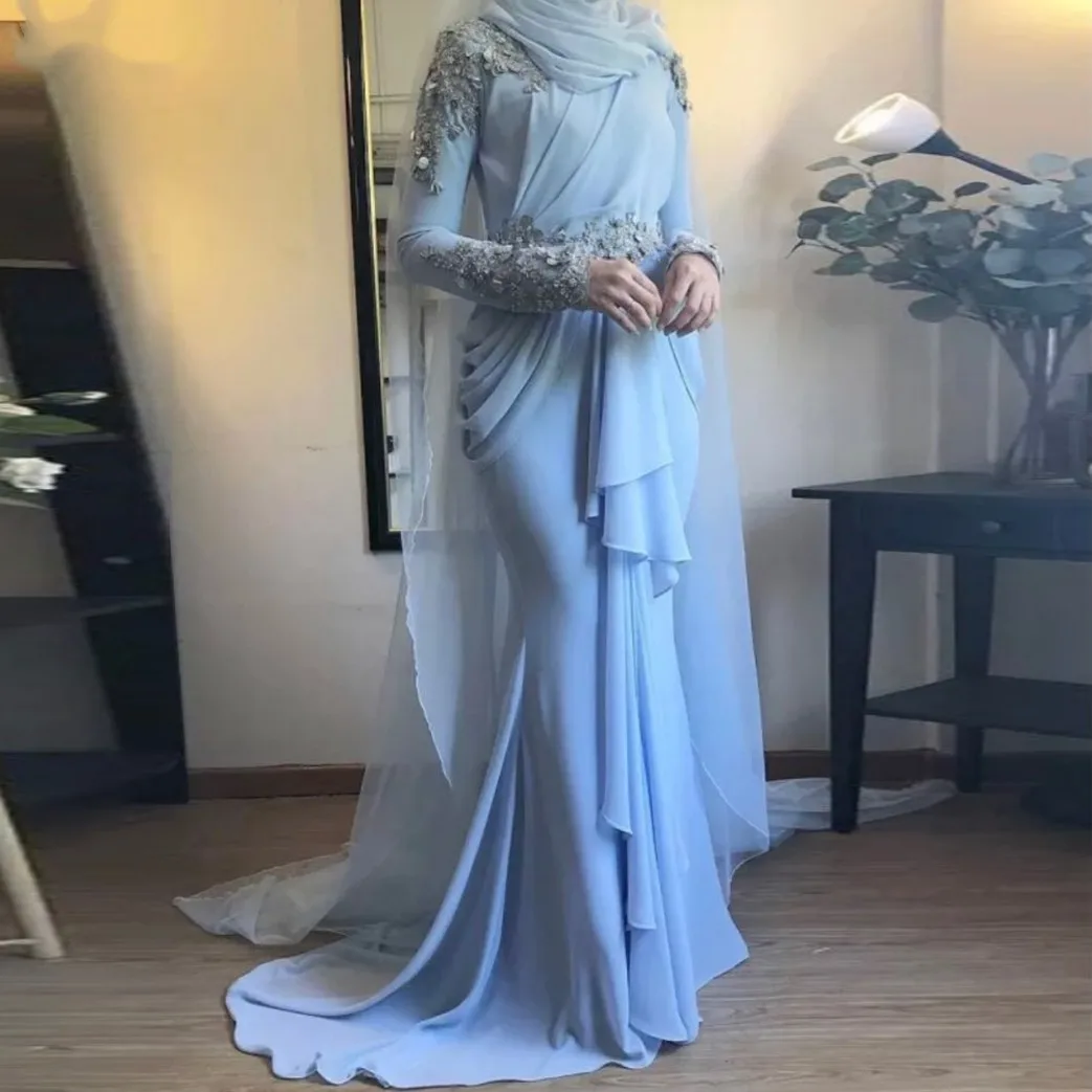 Dubai Kaftan ชุดราตรีทางการแขนยาวสไตล์อาหรับชุด2023งานพรอมผ้าชิฟฟอนสีฟ้าอ่อนประดับด้วยลูกปัดผ้าชีฟอง