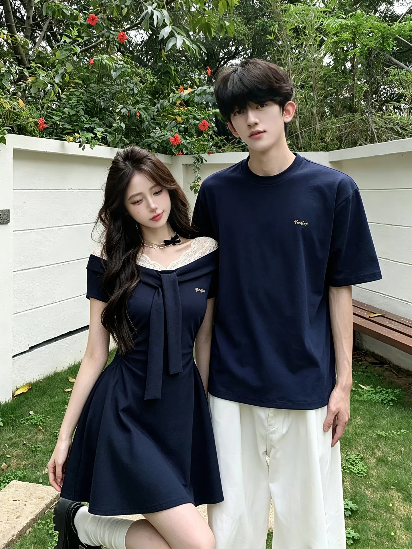 Unique Design Couple Matching Summer Short Sleeve T-Shirt One Shoulder Waist Cinched Lace Dress One Skirt French Style Loose Fit