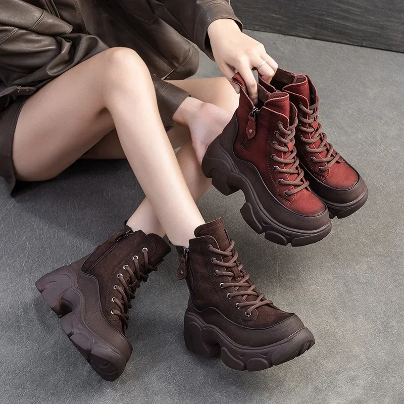 

Krasovki 5.5cm Ankle Boots Suede Genuine Leather Women Autumn Mid Calf Ethnic Fashion Ladies Platform Wedge Ankle Boots Shoes