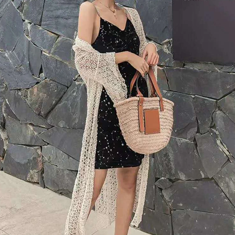 Women Summer Flare Sleeve Long Kimono Cardigan Boho Hollow Out Crochet Sheer Lace Swimsuit Cover Up Side Split Open Front Beach