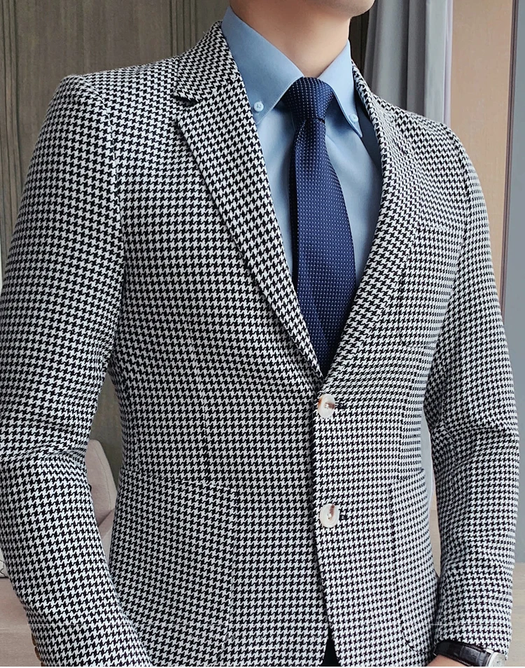 Blazer masculino houndstooth fino ajuste jaqueta casual formal jaqueta de negócios jaqueta de verão para homem com capuz